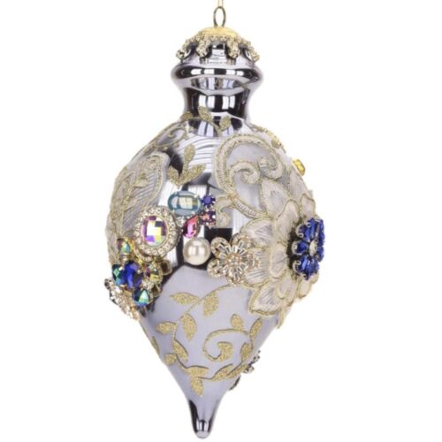 Mark Roberts Kings Jewel Finial. Lilac Finial glass bauble adorned with lace, beads and swarovski crystals these are magnificent Christmas Ornaments. Colours of Ornament are Lilax, White, Champagne Purple, Pink & Light blue