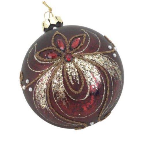 Burgundy bauble with Gold decoration and red jewells, Diameter 10cm