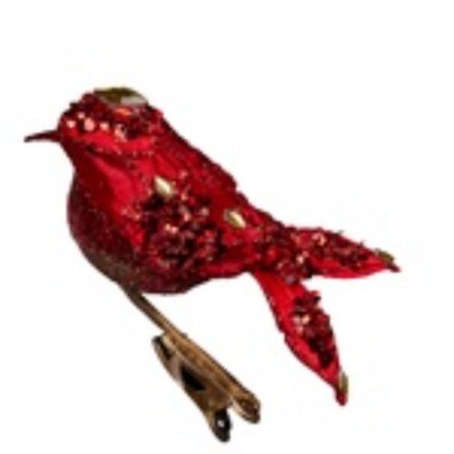 Red Bird on a Clip. Bird ha glitter and jewells adornment