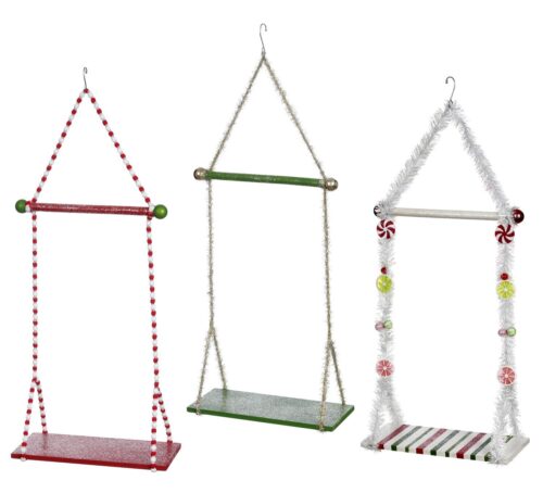 Mark Roberts Elf swings Large 3 Ast. 1 Rend with Red and White Ropes, 2, Green with gold Tinsel ropes and 3: Candy Cane swing with white tinsel ropes and candy with white chair with red and green stripes. Sold separately Suitable for 1 Medium sized Elf or two Small Elves.