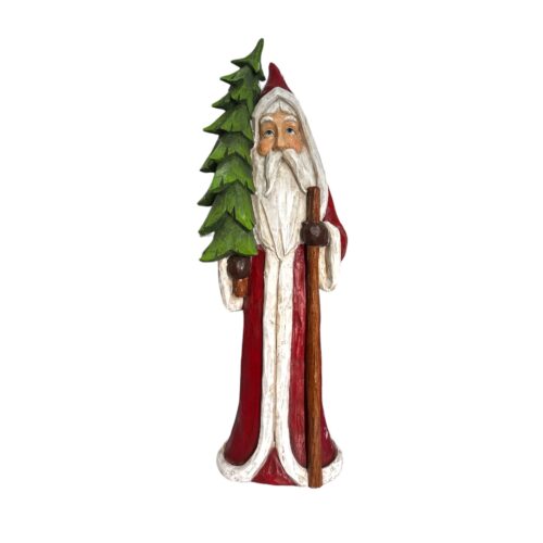 Santa in "French Style" with Long Robe and Hood Red, Trimed in white holding a staff in one hand and a tree in the other. Resin but looks like carved timber.