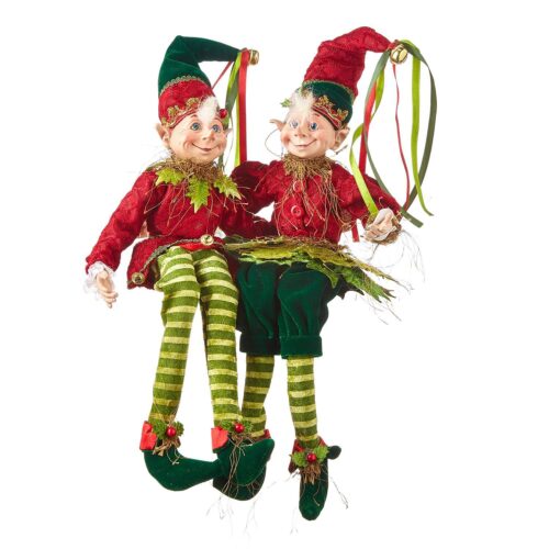 RAZ In the Garden Elves 2 Ast. In traditional colours of Red and Green these elves are also decorated with leaves and straw from the garden. Bells and Ribbons on their two tone coloured hats with lime green stripy legs They are very cute.