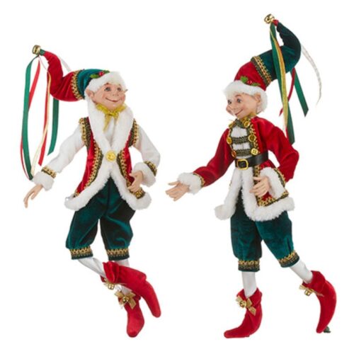 Traditional Poseable Elves by Raz. Both elves are dressed in the traditional Red, Green with White Trim and Red boots, One elf has a vest on and the other a decorative Jacket.