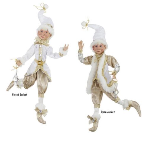 Pair of Raz Elves colours: Gold and White each holding a clear crystal bauble in the hand.