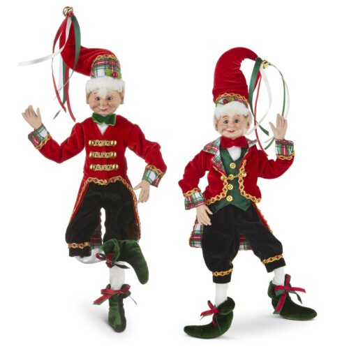 Raz Elves Traditional Tartan Poseable Elves, Sold Separately 1: Closed Red Jacket with Tails, Black Pantaloons and White stockings with Green Boots, Inside the jacket tails and cuffs are tartan fabric. The second Elf has an open jacket with Tartan on the lapels and cuffs and tails, black pantaloons and white stockings with green boots