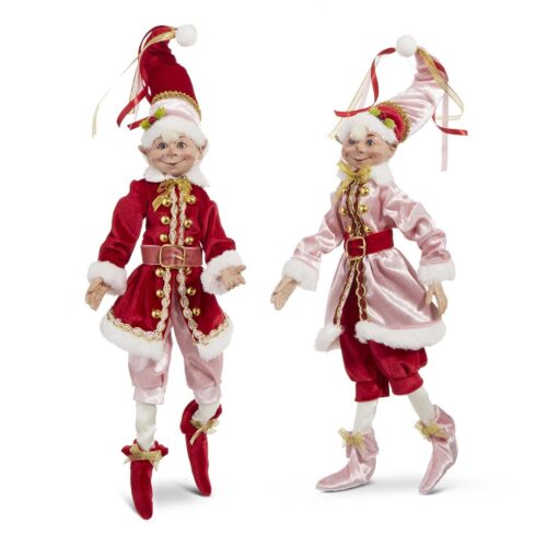 Pink and red Raz Elves - 2 Ast, One hss Red Hat & Jscket with Pink Trousers and Red Boots, the other has Pink Hat and Jacket with Red Trousers and Pink Boots, Great in a Raspberry and Cream Decor