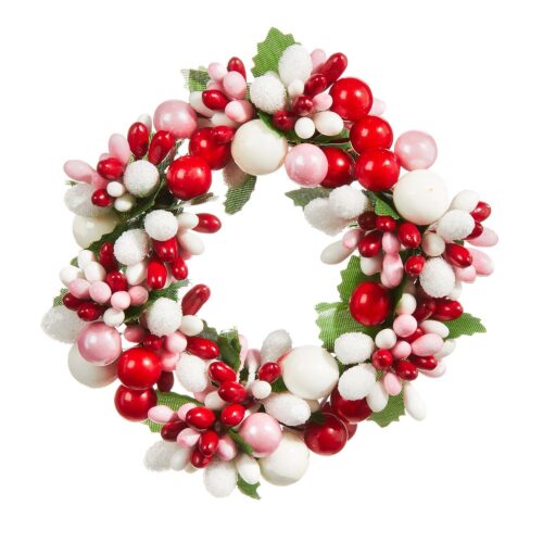 Medium Candle ring, Red, Pink and White Berries with green leaves Suitable for 5cm Candle. Would also be suitable for valentines day table