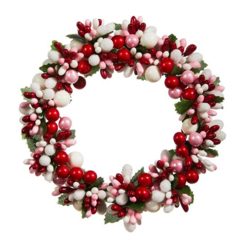 Large Candle ring, Red, Pink and White Berries with green leaves Suitable for 8.5cm Candle. Would also be suitable for valentines day table