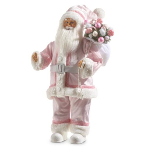 Standing Santa Dressed in Pink, with white trim and has a white sack full of decorations over his shoulder.