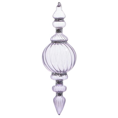 Transparent mauve finial glass bauble with silver glitter enhancement