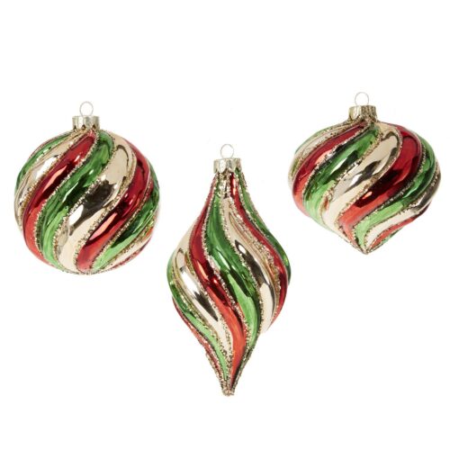 Red Green & Gold Twist Baubles, Glass with textured swirl pattern highlited in Gold Glitter, 10cm Bauble