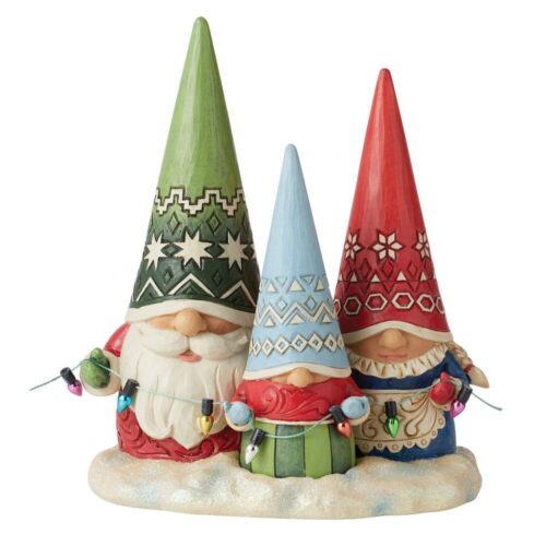 Jim Shore, Heartwood Creek, Christmas Gnome Family, is Papa Gnome, Mama Gnome and Child Gnome, hanging the Christmas lights