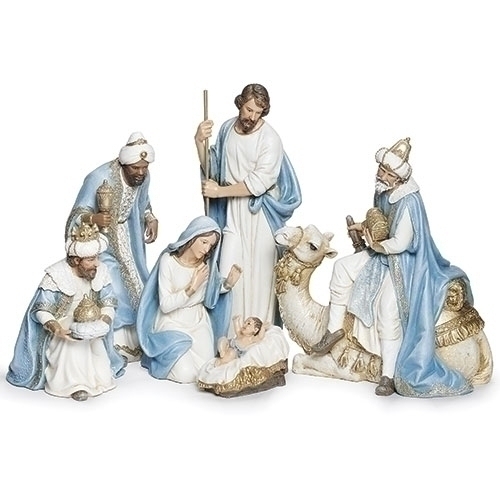 Blue White and Gold Nativity Set. Pieces include, Baby Jesus in Crib, 3 x Kings one sitting on a camel, Mary and Joseph