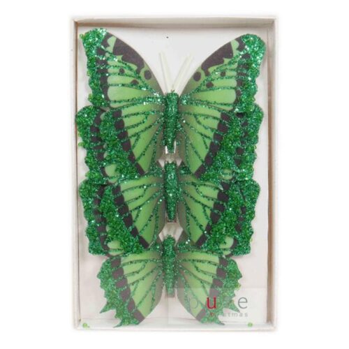 Packet of 3 glittered green clip on butterflies