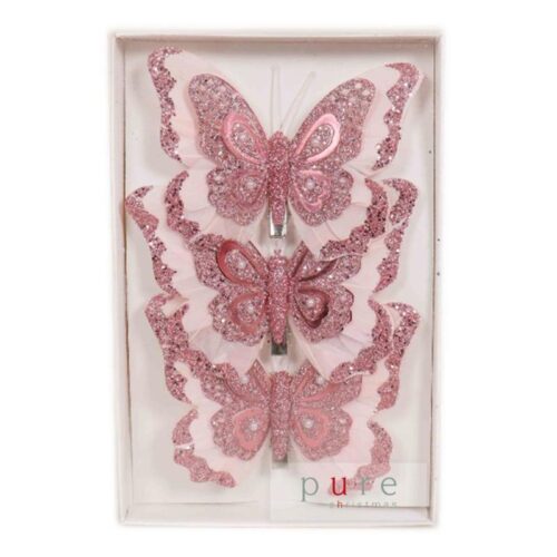 Packet of 3 glittered Pink clip on butterflies