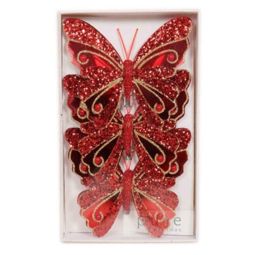 Butterfly 3 Pack Clip On Red/Gold