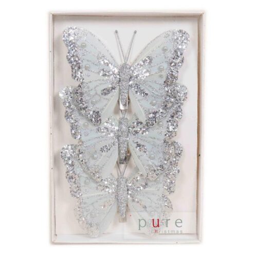 Packet of 3 glittered silver clip on butterflies