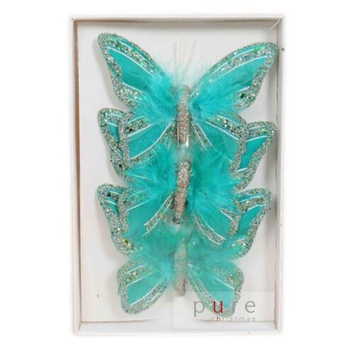 Packet of 3 glittered teal clip on butterflies