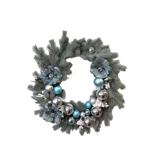 Sage Coloured Wreath with light blue and silver baubles with 3 light blue flowers