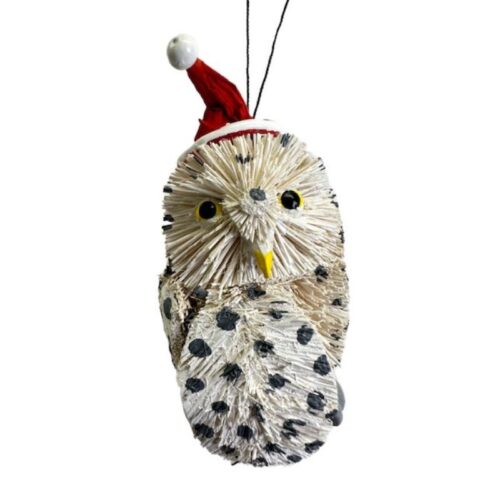 Bristlebrush White Owl with Santa Hat