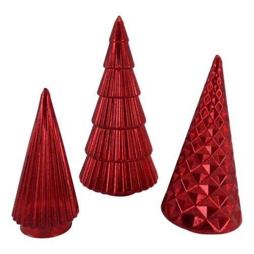 3 in Set Christmas Trees, Red Glass, Conical in shape.