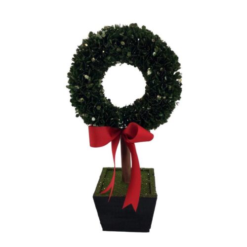 Topiary English Box Wreath with Red Bow in wooden box