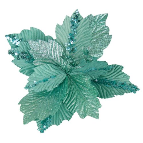 Artificial Fabric Flower in Teal, with Teal sequence and teal Glitter adornment