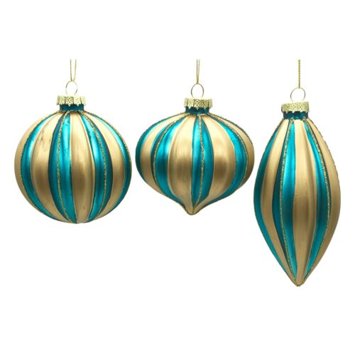 Bauble, Teal and Gold Stripe, 3 Asst