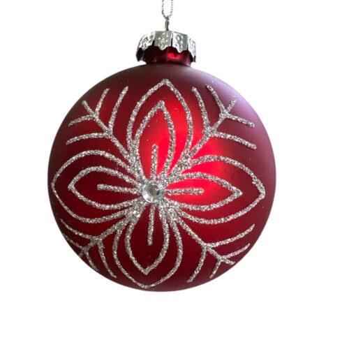 Bauble - Red with Silver Flower - 8cm