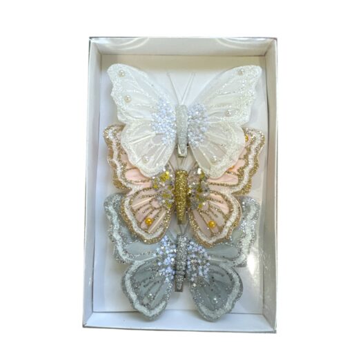 Butterfly 3 Pack, Clip On,  white, Pink & Silver