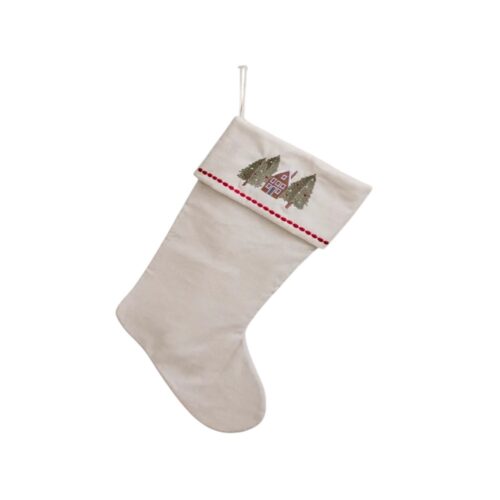 Linen Stocking Embroidered Tree with House