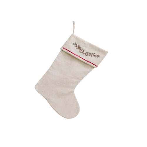 Linen Stocking Embroidered Mistletoe Branch