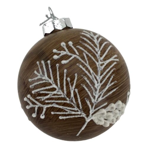 Bauble, Natural with White Leaf and Cone Design, 8cm