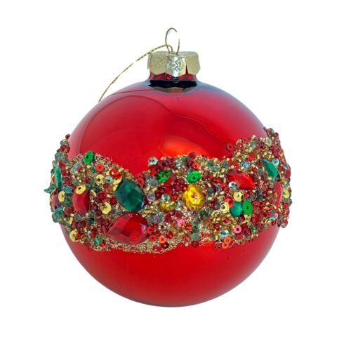 Bauble, Red with Coloured Gem Band, Round 10cm