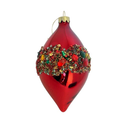 Bauble, Red with Coloured Gem Band, Drop,