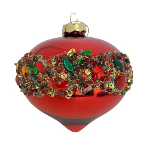 Bauble, Red with Coloured Gem Band, Sultan, 10cm