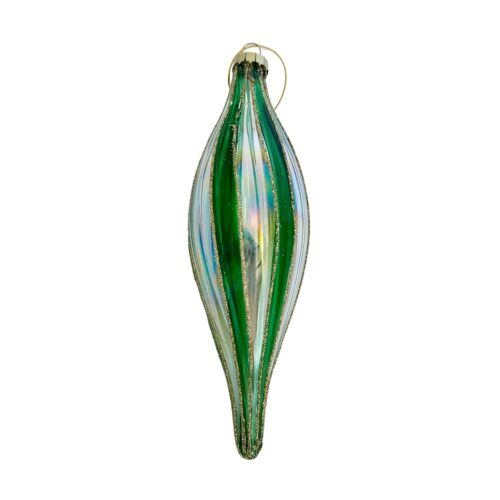 Bauble - Green/Clear Iridescent Stripes  Slim Drop