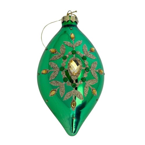 Bauble, Shiny Green with Gold Design and Gem, Drop