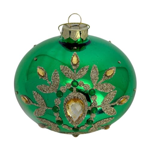 Bauble, Shiny Green with Gold Design and Gem, Sultan