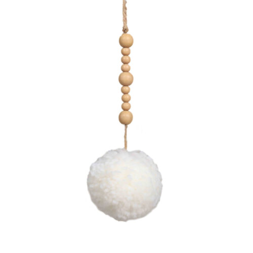 White Pom Pom on Wooden Beads