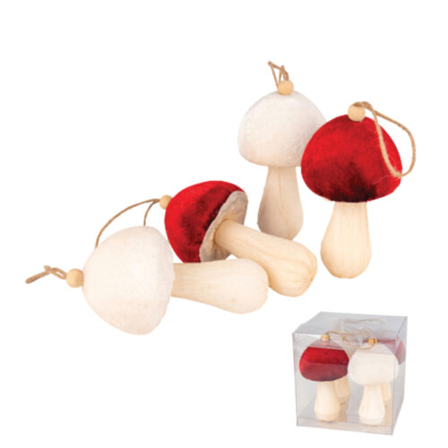 Box of 4 Mushroom Hanging Ornament Red/White