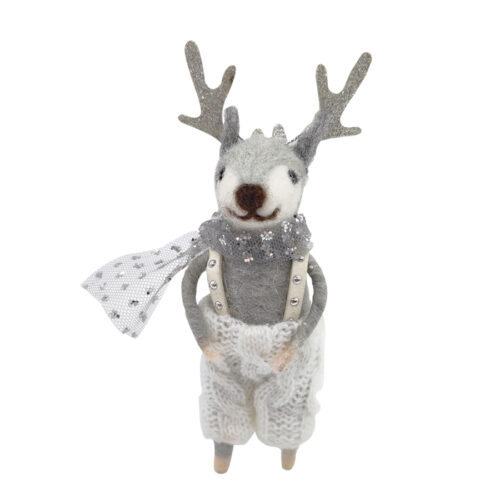 Deer in Overalls Hanging Ornament Silver/White