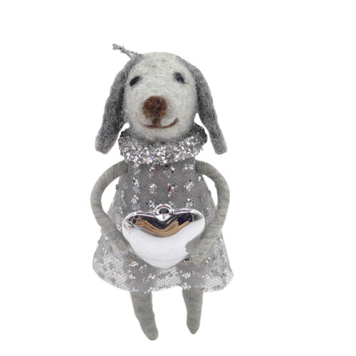 Dog with Heart Hanging Ornament Silver/White