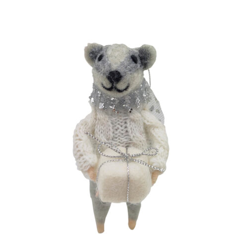 Mouse with Gift Hanging Ornament Silver/White