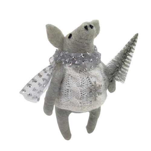 Pig with Tree Hanging Ornament Silver/White