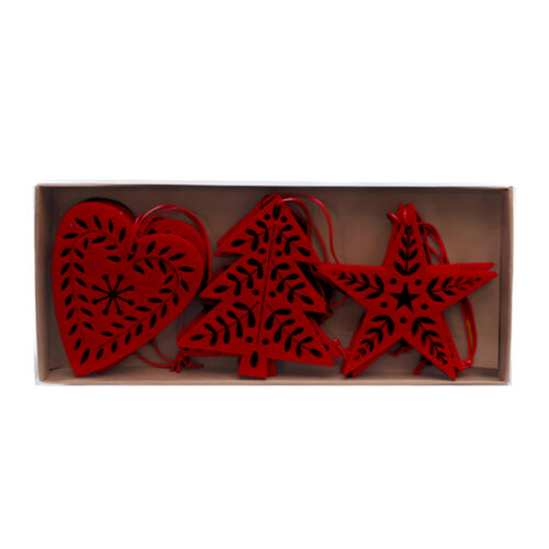 Box of 9 Hanging Ornaments Red 3 Asst