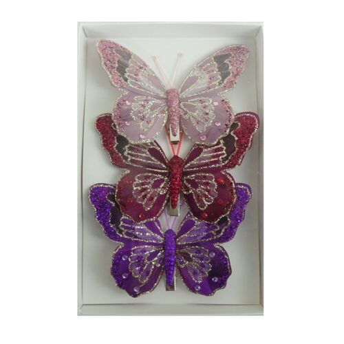 Butterfly 3 Pack Clip On Pink, Red & Purple