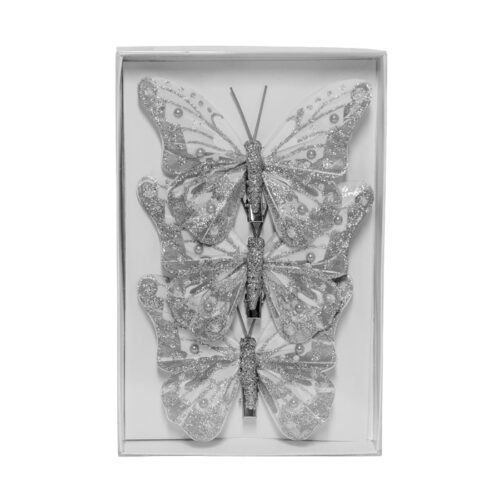 Butterfly 3 Pack Clip On Silver White