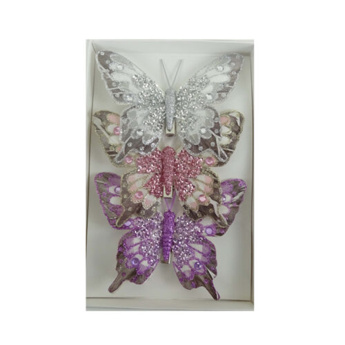 Butterfly 3 Pack Clip On White Coral Purple