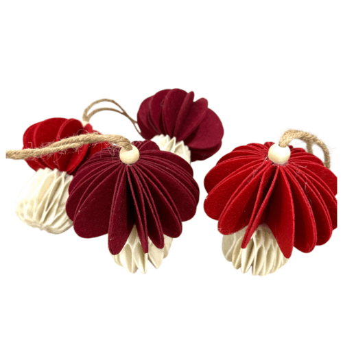 Box of 4 Mushroom Hanging Ornament Ribbed Red/White